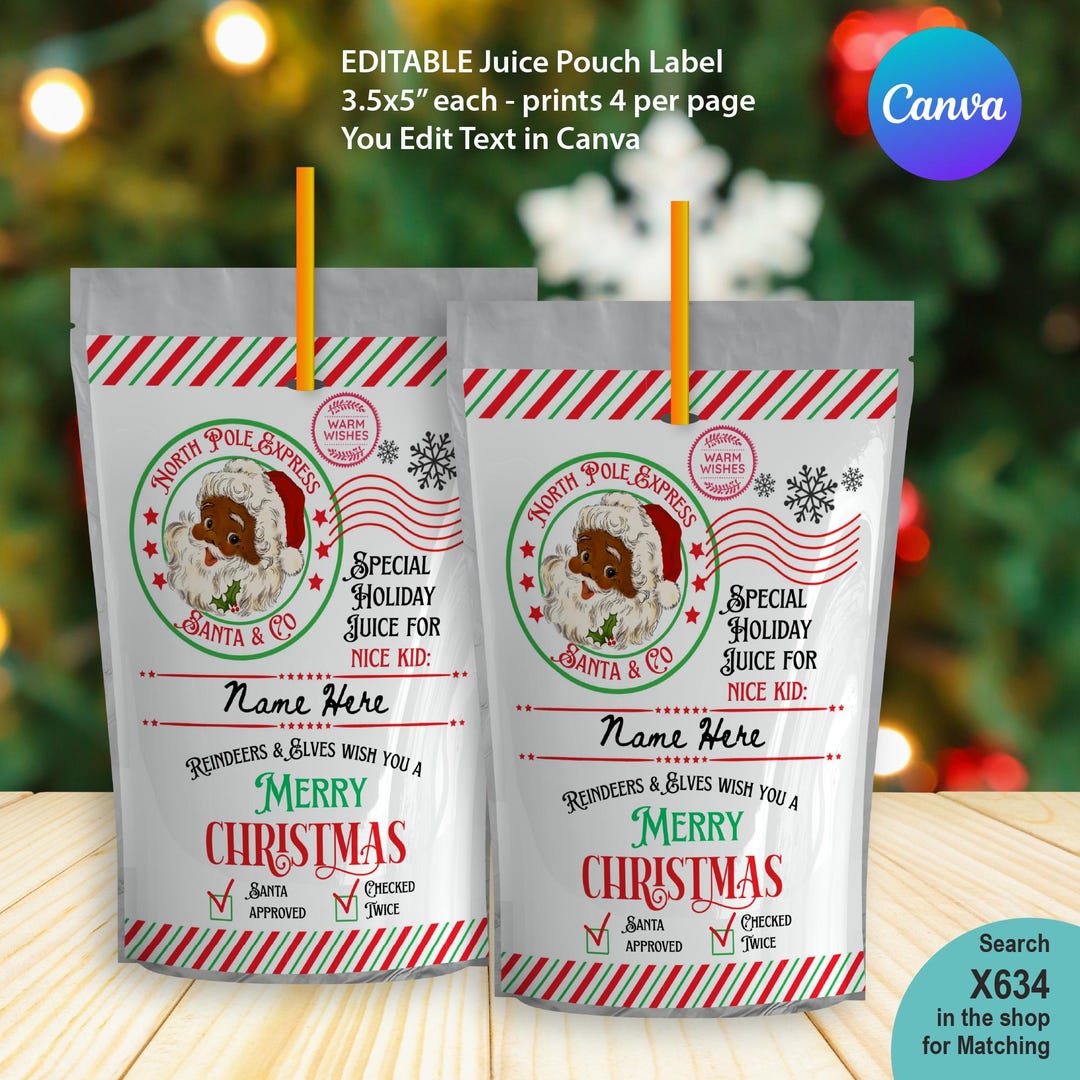 Santa Juice Box EDITABLE African Santa Christmas Juice Pouch Label. Printable North ...