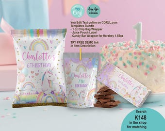 May include: A birthday party bundle featuring a cake, candy bar wrappers, and chip bag wrappers. The wrappers and juice pouch label are decorated with rainbows, unicorns, and the text "Charlotte's 6th Birthday" and "Charlotte's 7th Birthday".