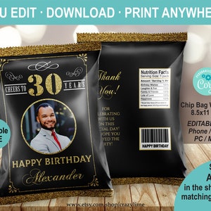 EDITABLE Cheers to 30 Years Birthday Photo Chip Bag. Black and Gold 30th Birthday Snack Bag Party Favor. Instant Download Printable AB126