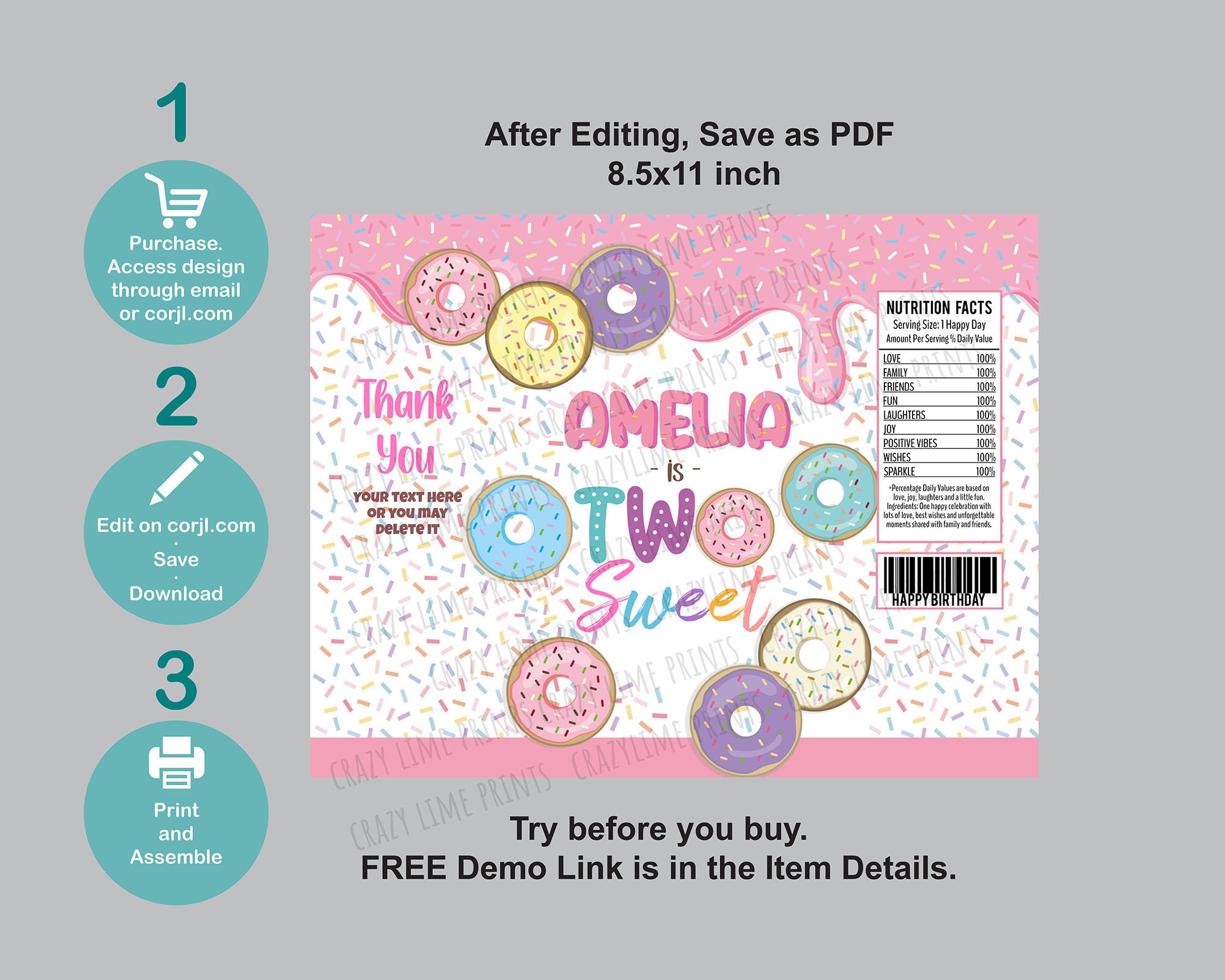 EDITABLE Donut Two Sweet 2nd Birthday Party Favors Bundle 5 Templates ...