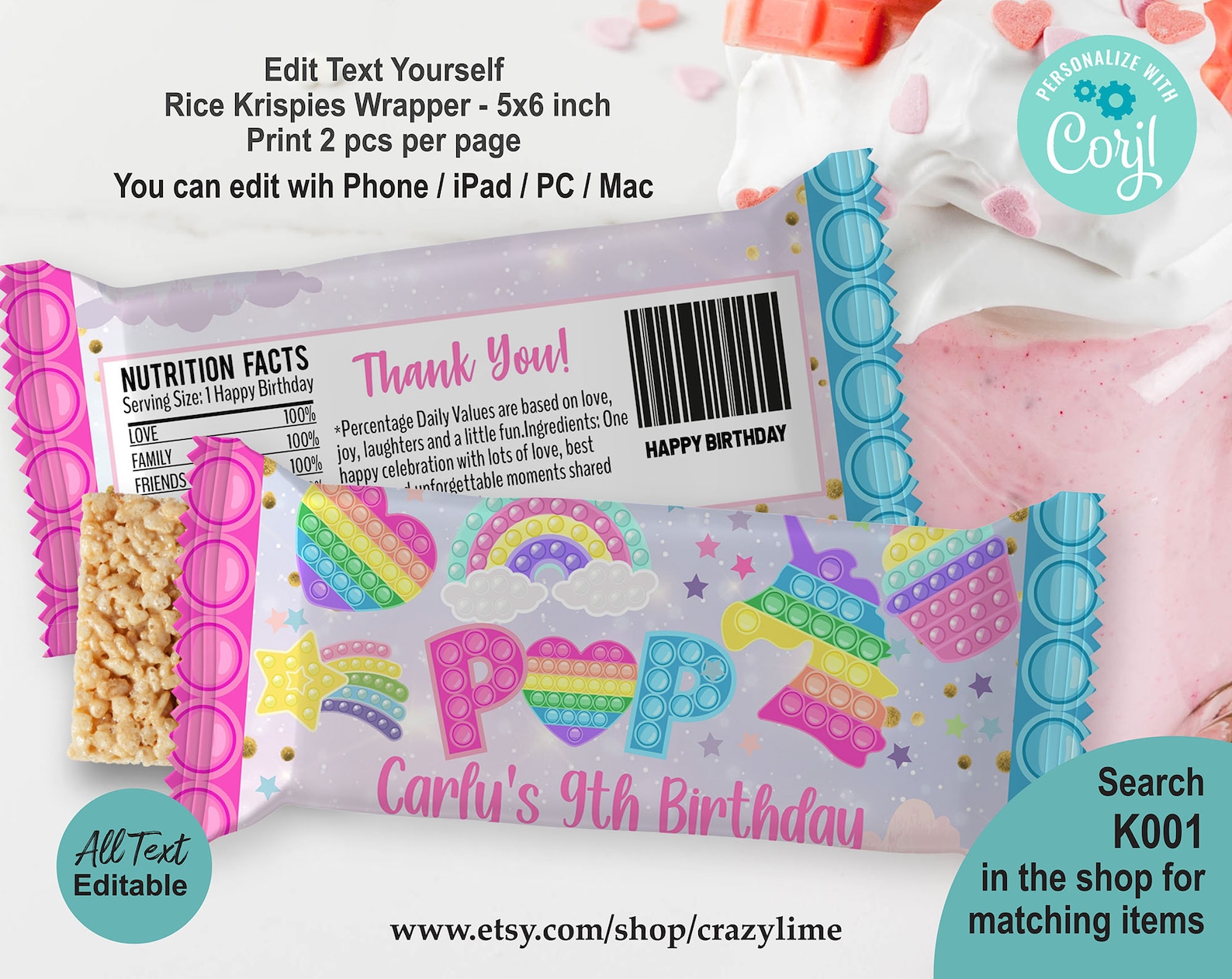 Pop It Rice Krispie Wrapper Template. EDITABLE Treat Label. - Etsy