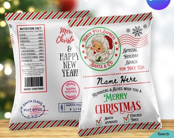 EDITABLE Christmas Chip Bag Wrapper Template. North Pole Santa Office Express Kids Christmas Eve Gift Box Party Favors. Personalised X634