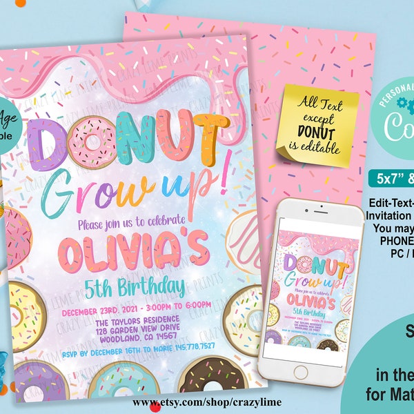 Editable Donut Grow Up Birthday Party Invitation Template. Kid Girl Birthday Digital Printable Invite. Pastel Rainbow Sprinkle 2039