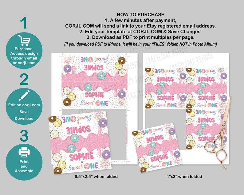 EDITABLE Donut Sweet One 1st Birthday Treat Bag Topper Template Printable Pastel Pink Party Favor Label Personalised Table