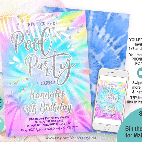 Girl Pool Party Invitation Editable Template. Tie Dye and Silver Summer Birthday Party Invite. Any Age. Edit w/ Corjl Printable Digital S004