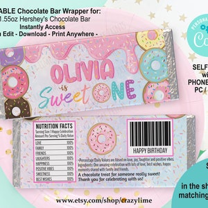 EDITABLE Donut Sweet One Birthday Chocolate Candy Bar Wrapper Personalised Template. Printable Treat Party Favor. Girl 1st Birthday. 2039