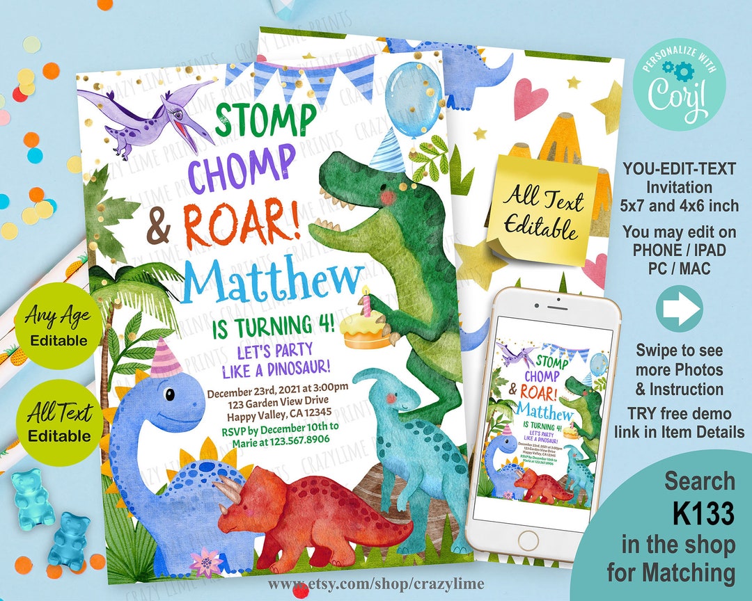 Dinosaur Invitation. Cute Dino Boy Kid Birthday Party Invite Editable ...