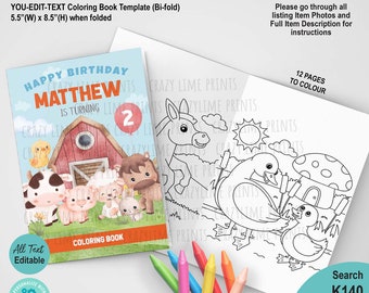 EDITABLE Farm Animals Birthday Party Coloring Book. 8.5 x 11 inch (5.5 x 8.5 inch after folding) Activity Booklet Printable. Barnhouse K140