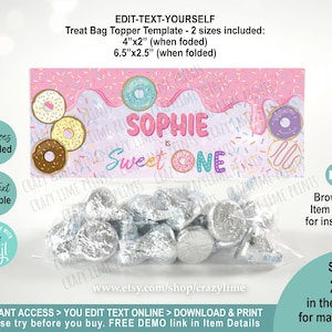 EDITABLE Donut Sweet One 1st Birthday Treat Bag Topper Template. Printable Pastel Pink Party Favor Label. Personalised Table Decoration 2039