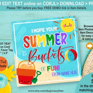 Hope Your Summer is Buckets of Fun Gift Tag Editable Template. Personalised Name End Of School Year Summer Break Label. Edit w Corjl  S030
