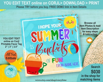 Hope Your Summer is Buckets of Fun Gift Tag Editable Template. Personalised Name End Of School Year Summer Break Label. Edit w Corjl  S030