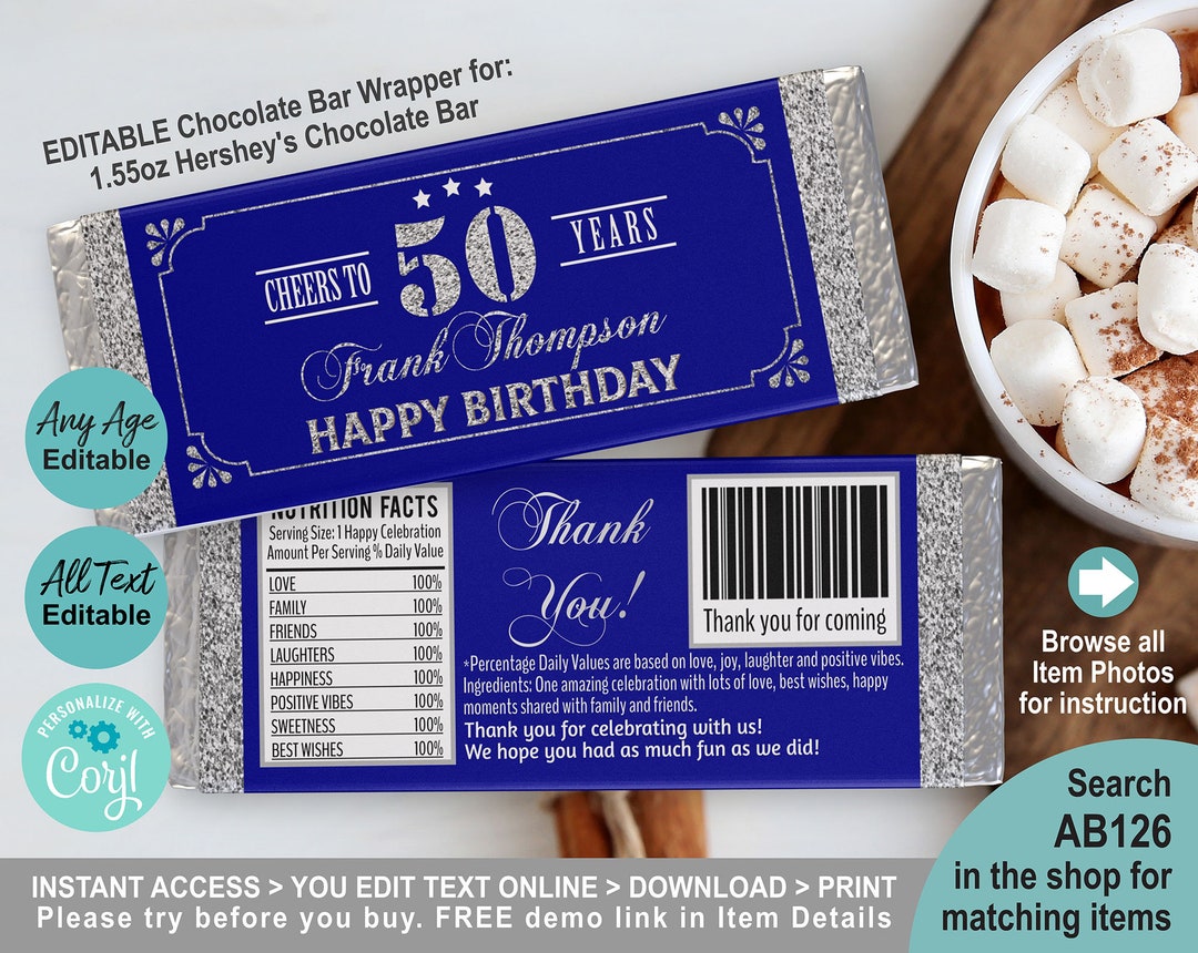 EDITABLE Blue Silver 50th Birthday Chocolate Candy Bar Wrapper Template ...