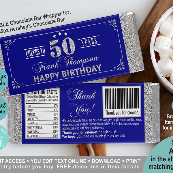 EDITABLE Blue Silver 50th Birthday Chocolate Candy Bar Wrapper Template. Printable 1.55 oz Bar Label. Man Adult Birthday Party Favor. AB126