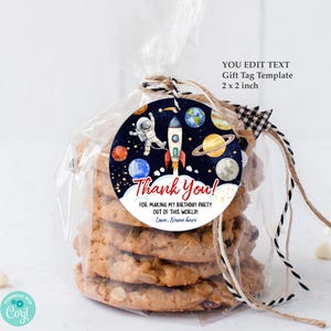 EDITABLE Astronaut Outer Space Party Favor Tag. Rocket Birthday Thank You Label Template. Blast Off Planet Gift Bag 2 inch Circle Round K153