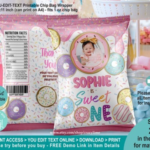 EDITABLE Donut Sweet One Photo Chip Bag Template. Personalised Baby Girl 1st Birthday Crisp Party Favors Treat Bag. Printable Corjl 2039