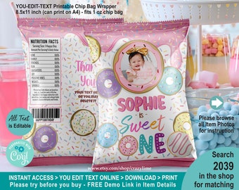 EDITABLE Donut Sweet One Photo Chip Bag Template. Personalised Baby Girl 1st Birthday Crisp Party Favors Treat Bag. Printable Corjl 2039