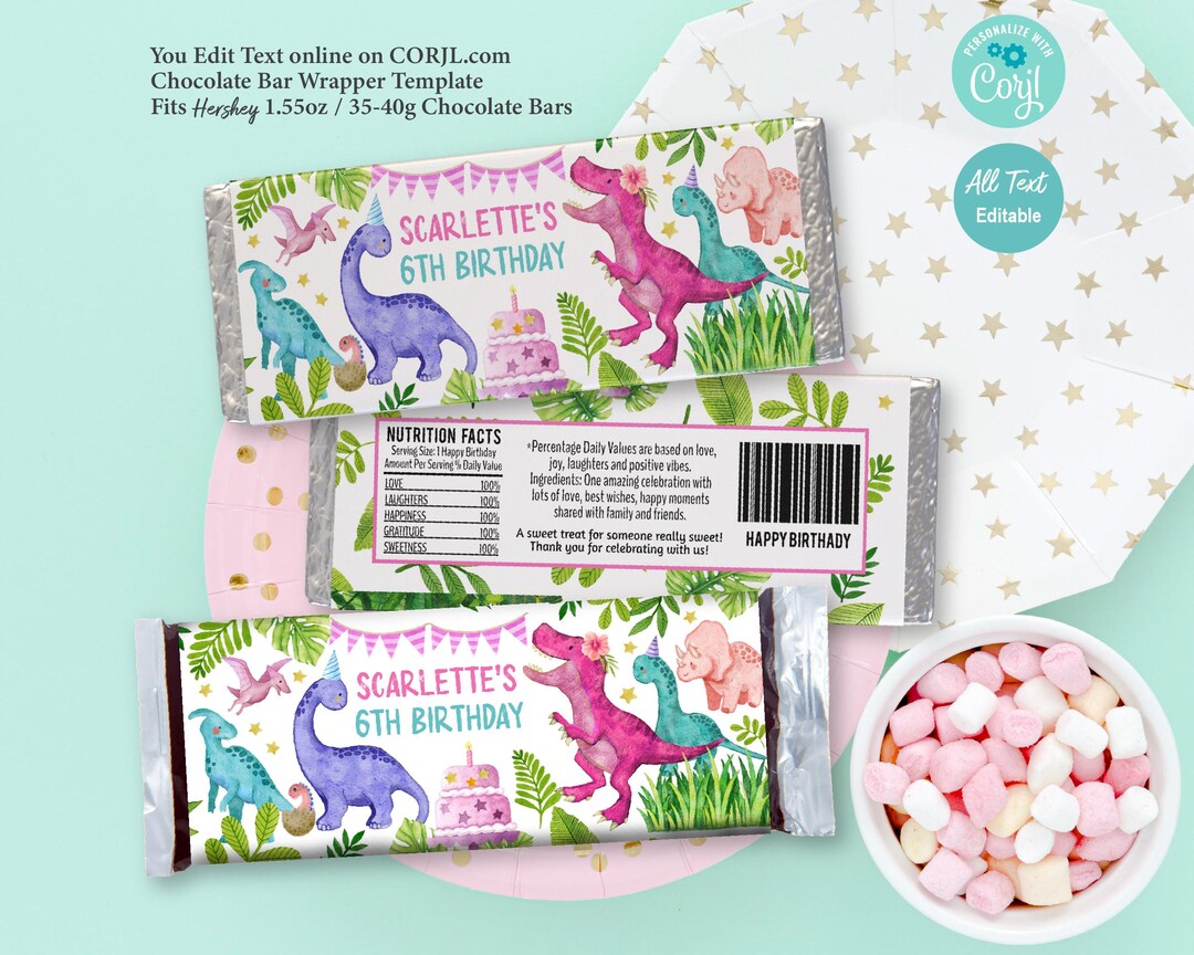 EDITABLE Girl Dinosaur Birthday Chocolate Candy Bar Wrapper. Pink Trex ...