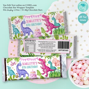 EDITABLE Girl Dinosaur Birthday Chocolate Candy Bar Wrapper. Pink Trex Personalised Template. Cute Dino Trex Party Favor Treat Label K017