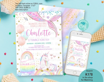 Peut inclure: Une invitation d'anniversaire sur le thème des sirènes, avec une queue de sirène, des ballons, une licorne et un gâteau arc-en-ciel. L'invitation est de 12,7 cm x 17,8 cm et comprend le nom "Charlotte" et les détails de l'événement. Un smartphone affiche le design de l'invitation.