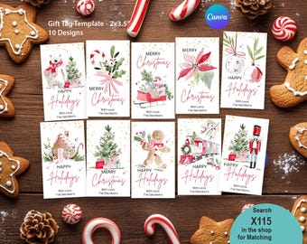 May include: Ten Christmas gift tags, each measuring approximately 5 x 9 cm, with festive watercolor designs. The tags feature holiday imagery like a polar bear, Christmas tree, and gingerbread man, with text that reads "Merry Christmas" and "Happy Holidays".