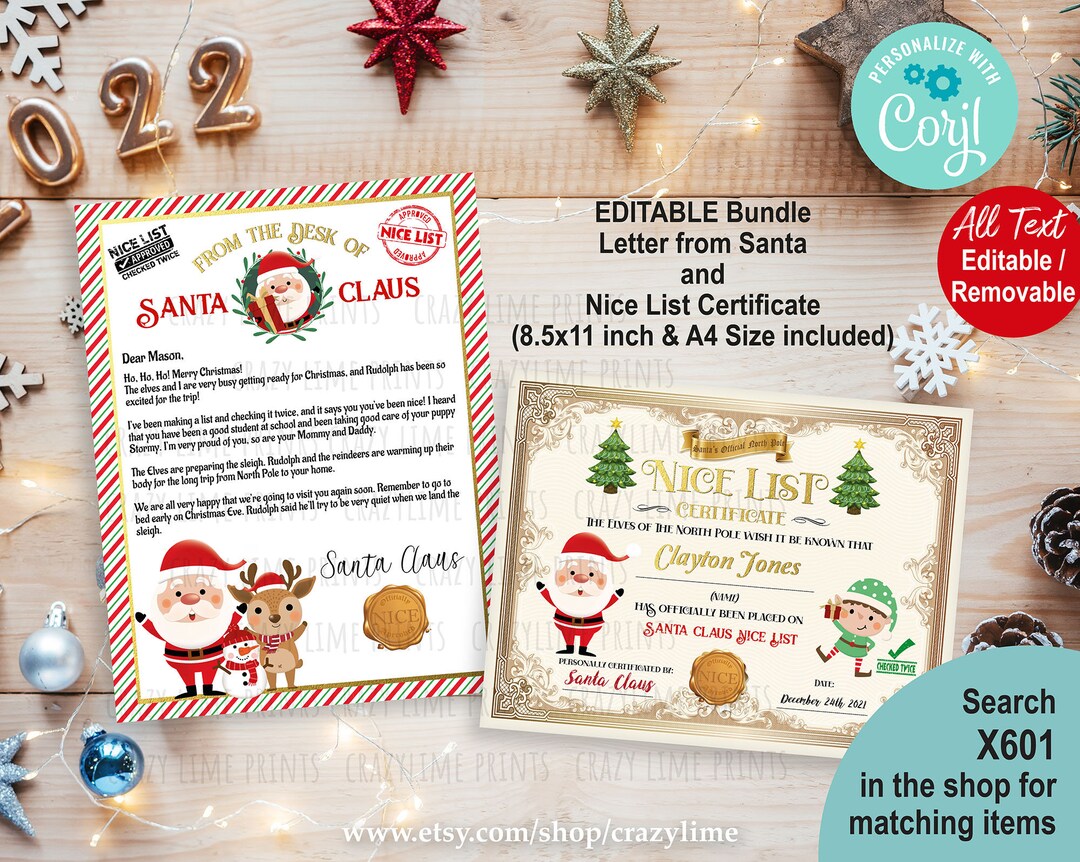 EDITABLE Letter From Santa Claus AND Nice List Certificate SET. Bundle ...