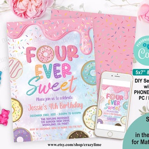Editable Donut Fourever Sweet 4th Birthday Party Invitation Template. Printable Digital Girl Birthday Invite. Pastel Rainbow Sprinkle. 2039