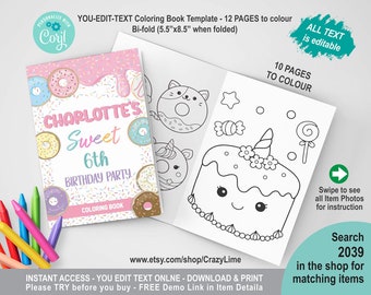 EDITABLE Donut Sweet Birthday Coloring Book. 8.5 x 11 inch (5.5 x 8.5 inch after folding) Pink Girl Birthday Party Activity Booklet 2039
