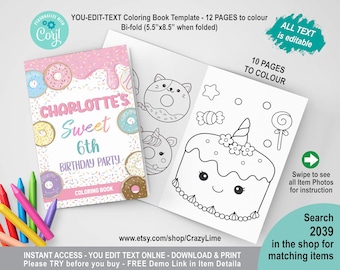 EDITABLE Donut Sweet Birthday Coloring Book. 8.5 x 11 inch (5.5 x 8.5 inch after folding) Pink Girl Birthday Party Activity Booklet 2039