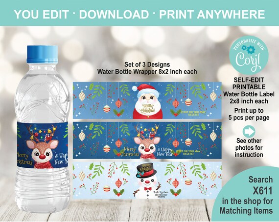 EDITABLE Christmas Water Bottle Label Template Set of 3. | Etsy