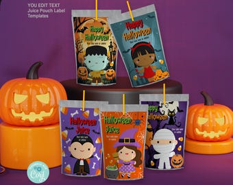 EDITABLE Halloween Costume Party Juice Pouch Label Set of 5. Kid Treat Juice Sticker. Customised Text Name Printable Download Template HA923