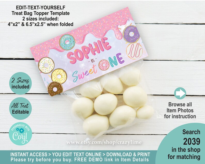 EDITABLE Donut Sweet One 1st Birthday Treat Bag Topper Template Printable Pastel Pink Party Favor Label Personalised Table