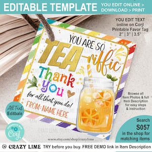 Iced Tea Gift Tag EDITABLE Teacher Appreciation Label Template. End of School Year Staff Co-worker. Summer Tea-riffic Personalised Name S057