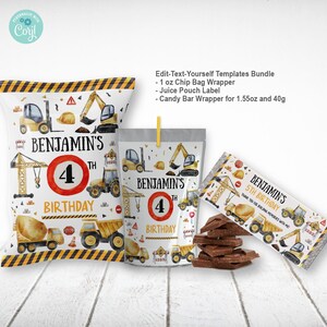 EDITABLE Construction Birthday Party Favors Bundle Templates. Printable Treat Chip Bag Juice Label Candy Bar Wrapper Any Age Dump Truck K155
