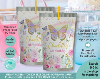 EDITABLE Butterfly Birthday Juice Pouch Label. Printable Kid Juice Bag Label Sticker Template. Pastel Rainbow Floral Girl Party Favor K014