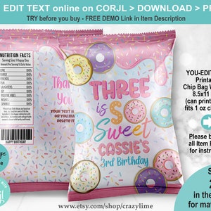 EDITABLE Donut Three is So Sweet 3rd Birthday Chip Bag Wrapper Template. Personalised Name Party Favors Treat Pastel Printable Snack 2039