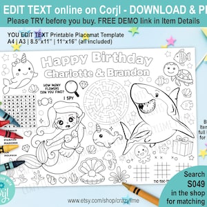 EDITABLE Mermaid Shark Birthday Party Placemat. Personalised Coloring & Game Table Decoration Setting. Boy Girl Printable Digital File. S049