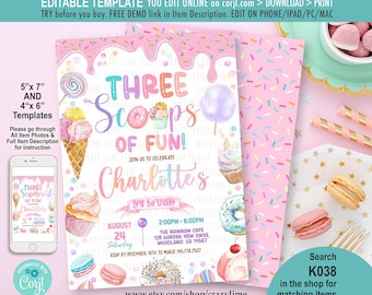 May include: A digital birthday invitation template featuring a pink frosting drip design with colorful sprinkles, ice cream cones, cupcakes, and donuts. The text reads Three Scoops of Fun! Join us to celebrate Charlotte's 3rd Birthday, August 24, 2:00PM-6:00PM.