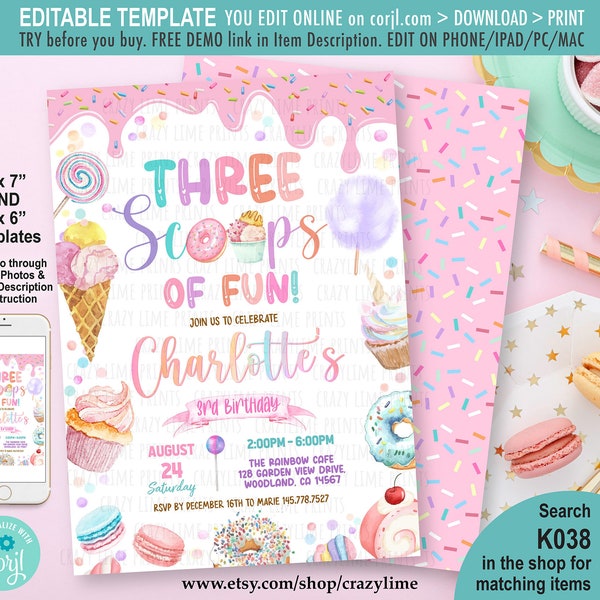 Editable Pink Sweet Girl Birthday Party Invitation Template. Pastel Pink Donut Icecream Cupcake Candy Invite. Printable Digital Pastel K038