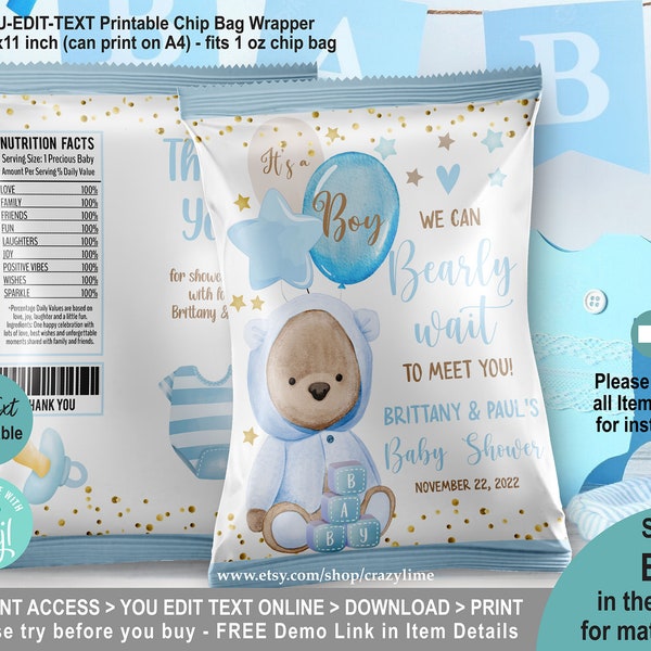 EDITABLE Boy Bear Baby Shower Chip Bag Template. Personalised Blue Gold Teddy It's a Boy Crisp Party Favors Treat Bag. Printable Corjl B005