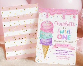 Ice Cream Sweet One 1st Birthday Invitation | Pastel Watercolor Girl First Birthday Party  (Digial Dowloan) CK026