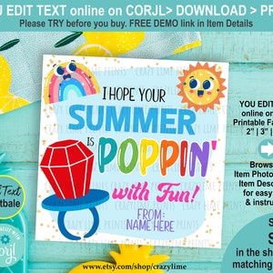 Summer Pop Fun Ring Candy Gift Tag. Poppin' Fun End of School Year, Last Day Of School Label. Kid Classroom Classmate Printable Idea S043