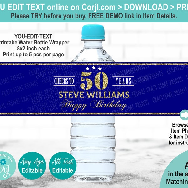 EDITABLE Cheers to 50 years Gold Blue Water Bottle Label Template. Printable Adult 50th Birthday Party Favor. Any Age Table Decor AB126