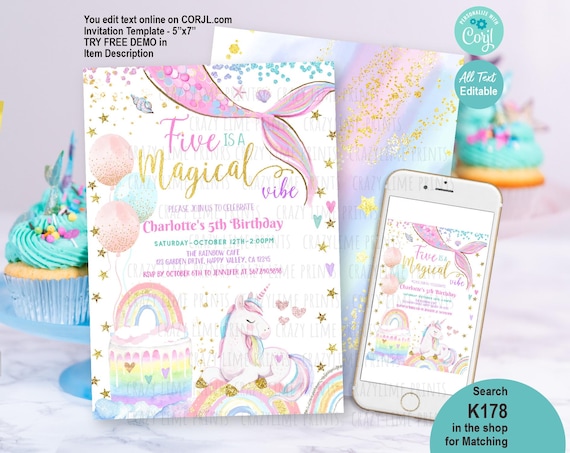 Mermaid Unicorn 5th Birthday Invitation. Girl Party Invite EDITABLE Template. Pastel Tail Five 5 is Magical Vibe Printable Download K178