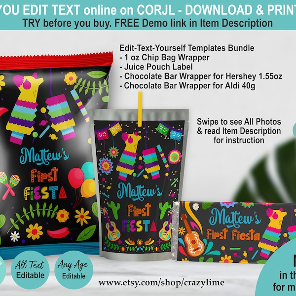 EDITABLE Fiesta First 1st Birthday Party Favors Bundle Set of 3 Templates. Mexican Pinata Kid Chip Bag Chocolate Juice Treats Labels. M002