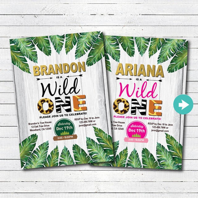 Wild One Birthday Invitation Baby Boy Jungle Theme 1st First