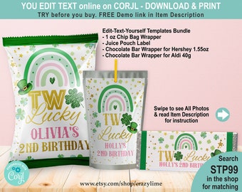 EDITABLE Two Lucky Girl 2nd Birthday Party Favors Bundle Set of 3 Templates. Printable St Patrick's Chip Bag Chocolate Juice Labels STP99