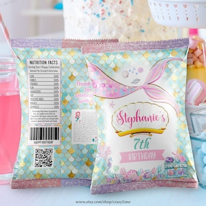 EDITABLE Mermaid Birthday Chip Bag Wrapper Template. Pool Birthday Party Favors Candy Crisp Treat Label Printable Instant Download S064