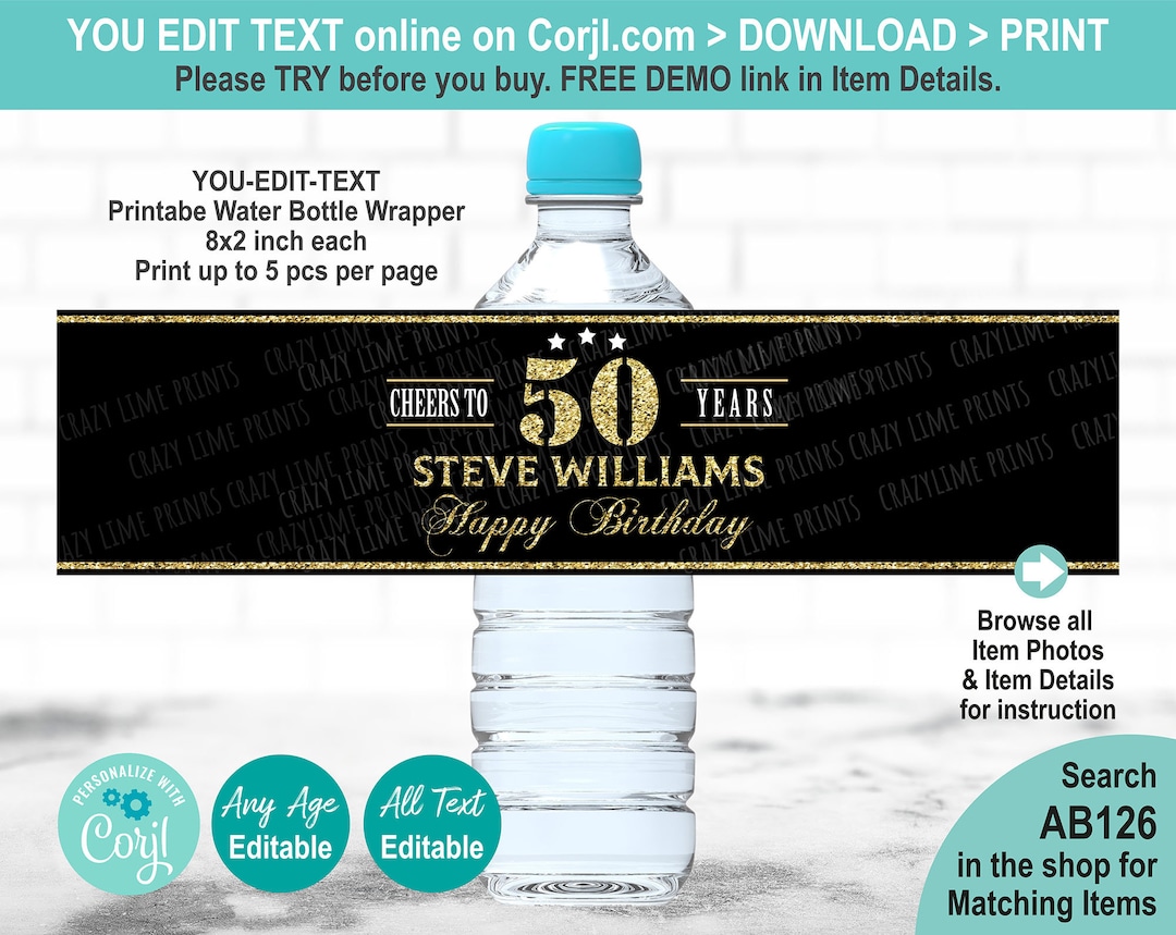 EDITABLE Cheers to 50 Years Gold and Black Water Bottle Label Template ...