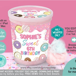 EDITABLE Donut Sweet Birthday Cotton Candy 2 oz Tub Label. Any Age. Personalised Party Favor Container Wrapper Printable. Corjl Edit 2039
