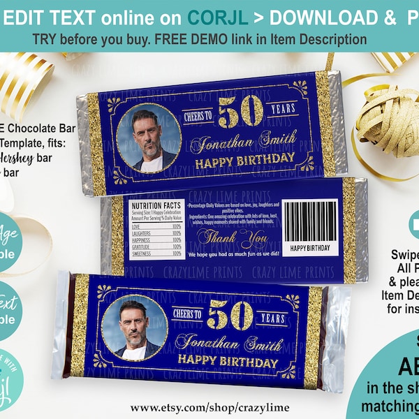 EDITABLE 50th Birthday Chocolate Candy Bar Wrapper Personalised Template With Photo. Cheers to 50 Years Man Adult Party Favors Treat AB126